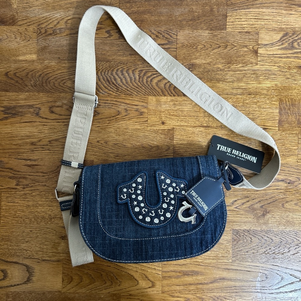 True Religion Studded Horseshoe Denim Shoulder Bag NWT Y2K